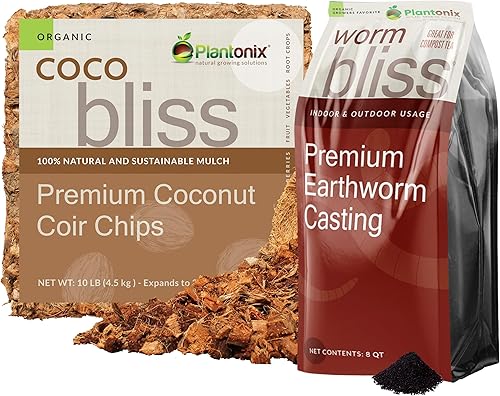Plantonix Chips de coco (10 libras) + Worm Bliss (8 cuartos de galón)  Fundición de gusano orgánico y chips de cáscara de coco  sustrato de chips de