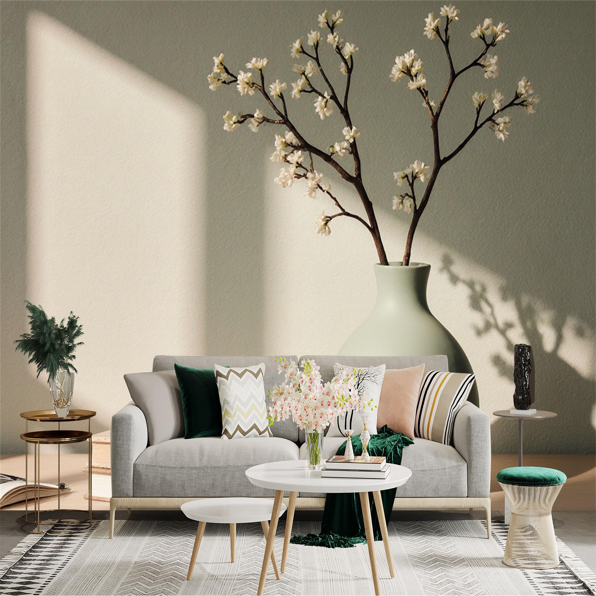 Custom Size Wall Sticker Mural， Elegant Vase with White Flower Branches， Minimalist Home Decor， Aesthetic Still Life Art， for wall Decoration， peelandstick wall Decals.