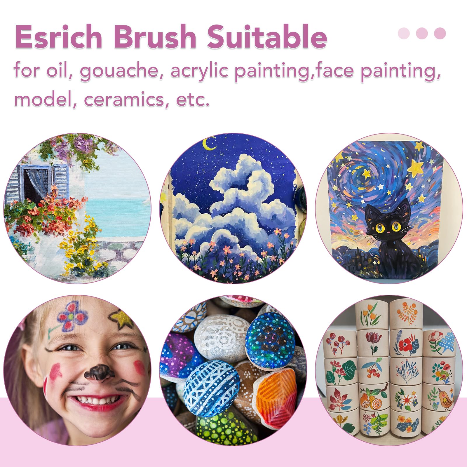 ESRICH Lot de 24 pinceaux de peinture acrylique, 240 pièces, tête de pinceau en nylon, pour peinture à l'huile, gouache, visage, céramique, etc., pour enfants et adultes (rose)