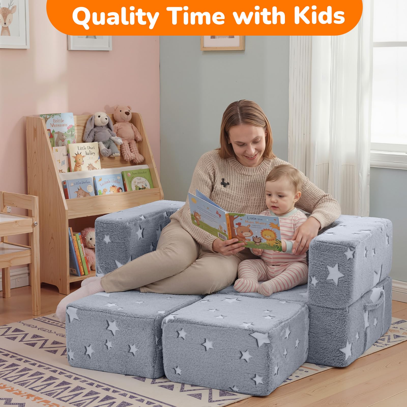 MeMoreCool Sofa dla Dzieci, Kanapa Świecąca w Ciemności, Rozkładana, Fotel Dziecięcy, Meble do Sypialni, Modułowa Mini Kanapa do Pokoju Zabaw, Szara Gwiazda