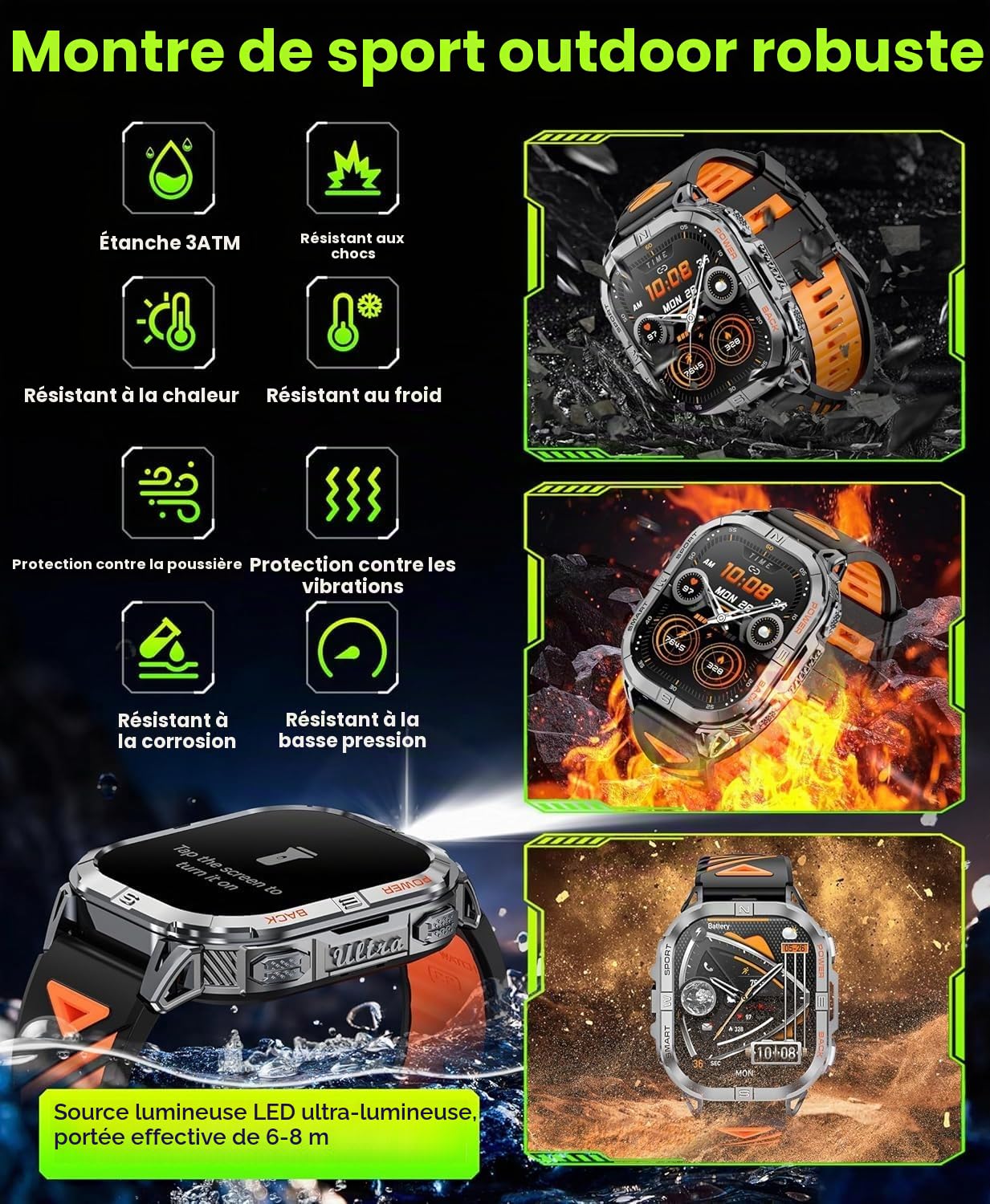GPS Montre Connectée Homme, 2,13" AMOLED Militaire Smartwatch avec Torche LED/Boussole/100+ Modes Sportifs/580mAh Batterie/Surveillance Santé/Appels Bluetooth pour Android iOS
