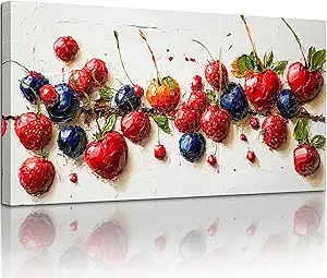crmotu Still Life Fruit Wall Art, Rustic Kitchen Wall Decor Paintings, Fresh Cherry Strawberry Large Artwork, Modern Vibrant Pictures for Living Room Dining Room Restaurant Canvas Prints 20x40 Inch