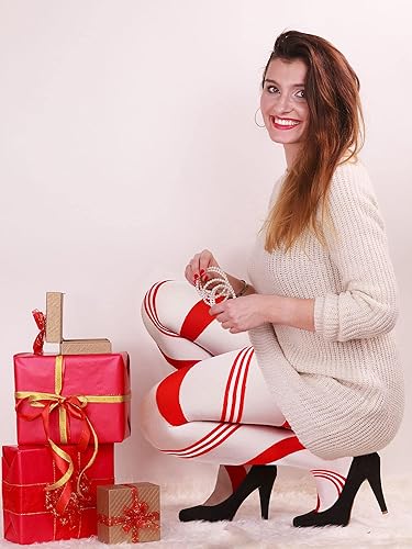 Miniatura 7 de SATINIOR 2 pares de medias de Navidad a rayas para mujer, de longitud completa, de elastano, para disfraz de caramelo, medias de rayas rojas y