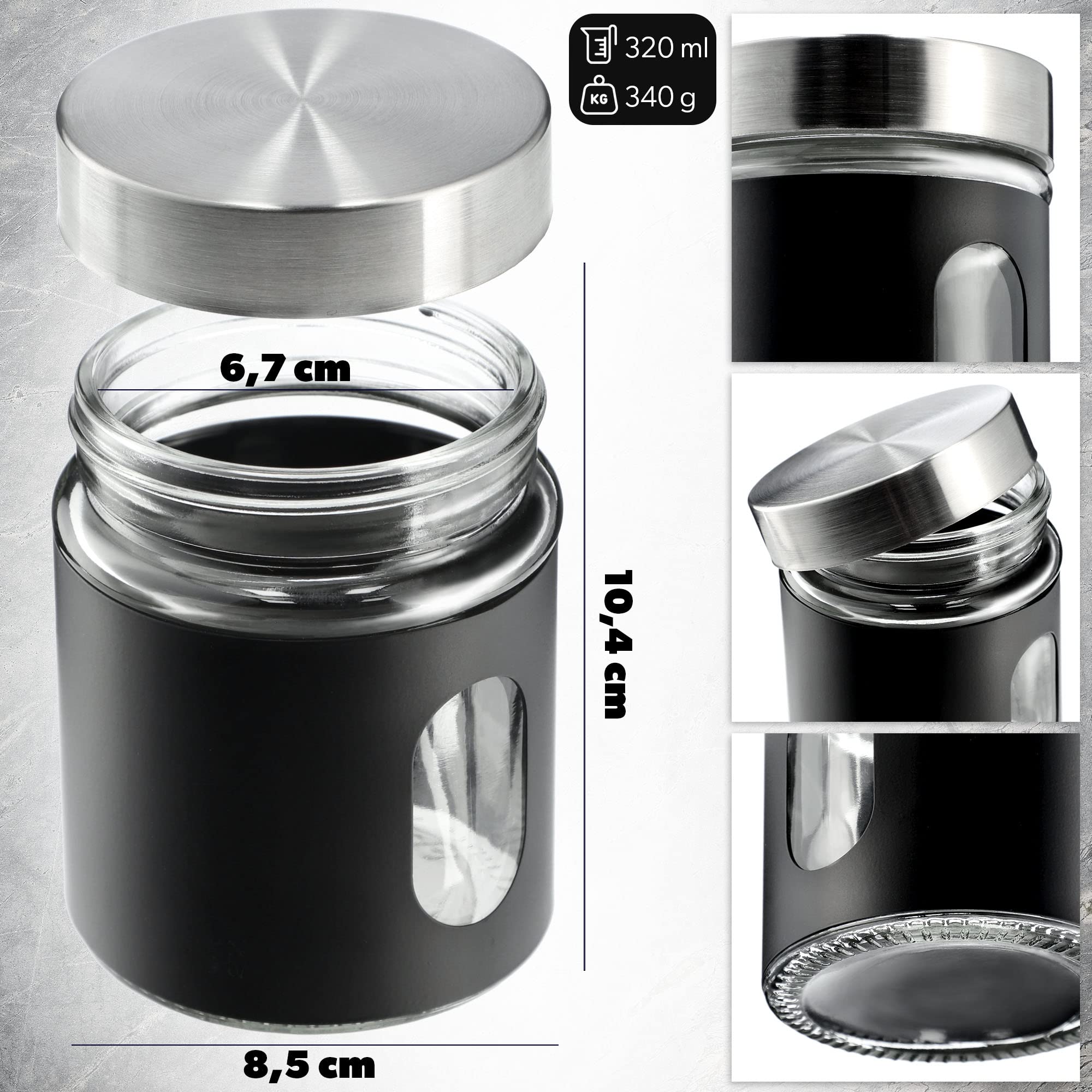 KADAX Contenitore da cucina, 320 ml, in vetro e acciaio inox, con tappo a vite, contenitore per farina, zucchero, caffè (nero)