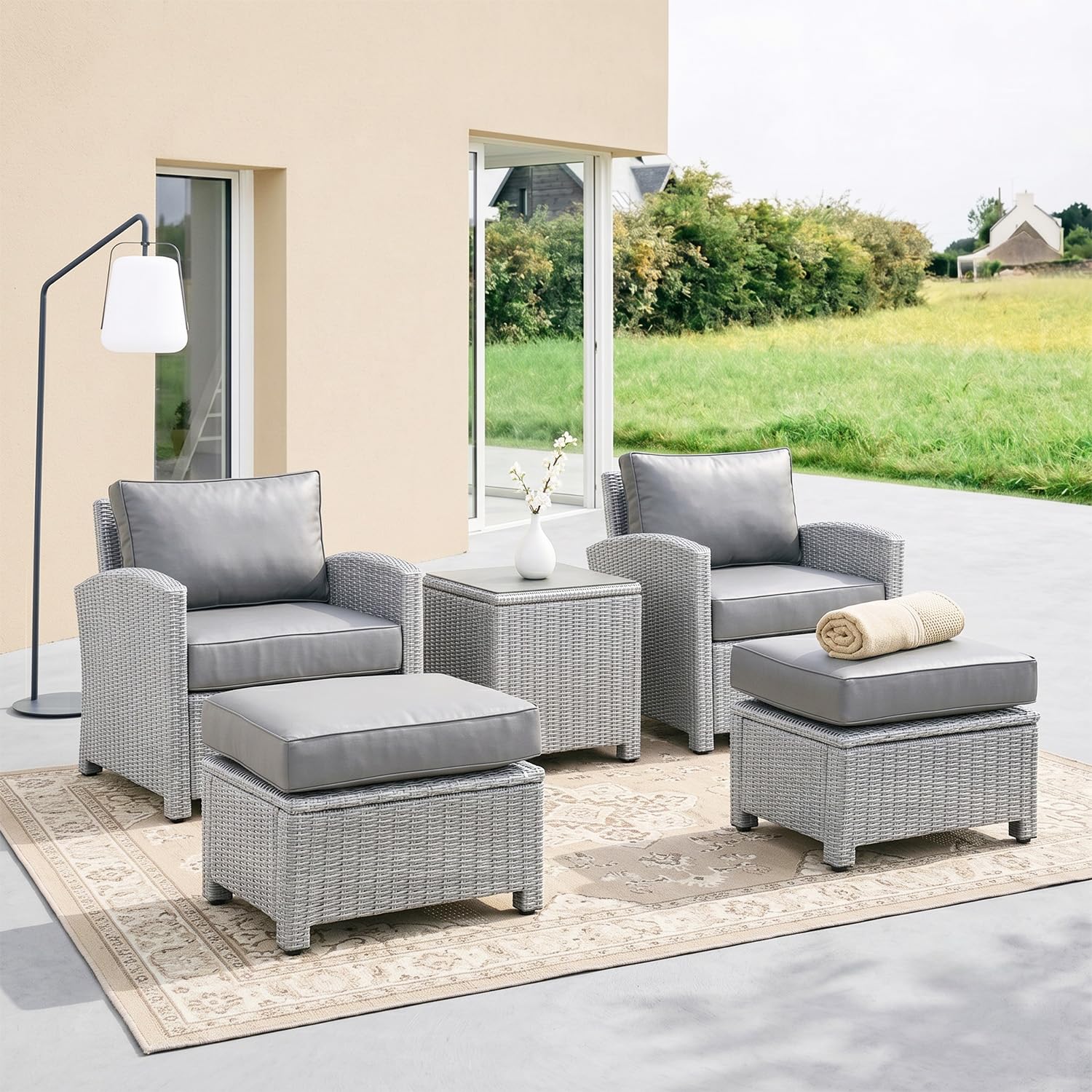 DEVOKO 5 Pieces Patio Furniture Set Outdoor Sofa and Ottoman Set with Cushions & Center Table, HDPE Wicker Rattan for Lawn, Pool, Balcony, Backyard (Silver and Grey)-image-47