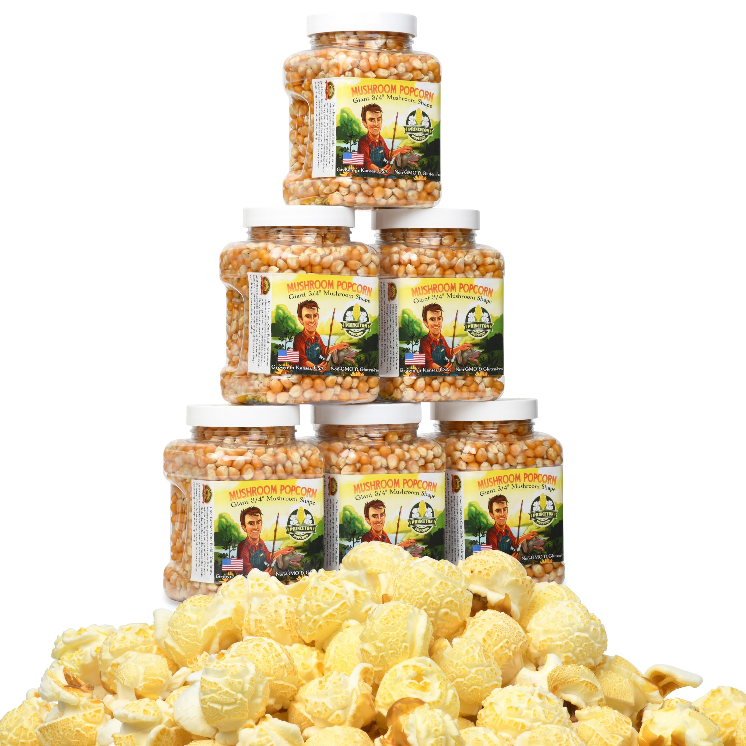 Princeton Popcorn Mushroom Hulless Popcorn Kernels – Easy-Eating, Ball Shaped Tender Popping Corn, Non-GMO Popcorn Kernels, No Hulls, Farmer Direct, Microwave Air Popper or Stovetop 6-Pack 1lb Tubs 96oz
