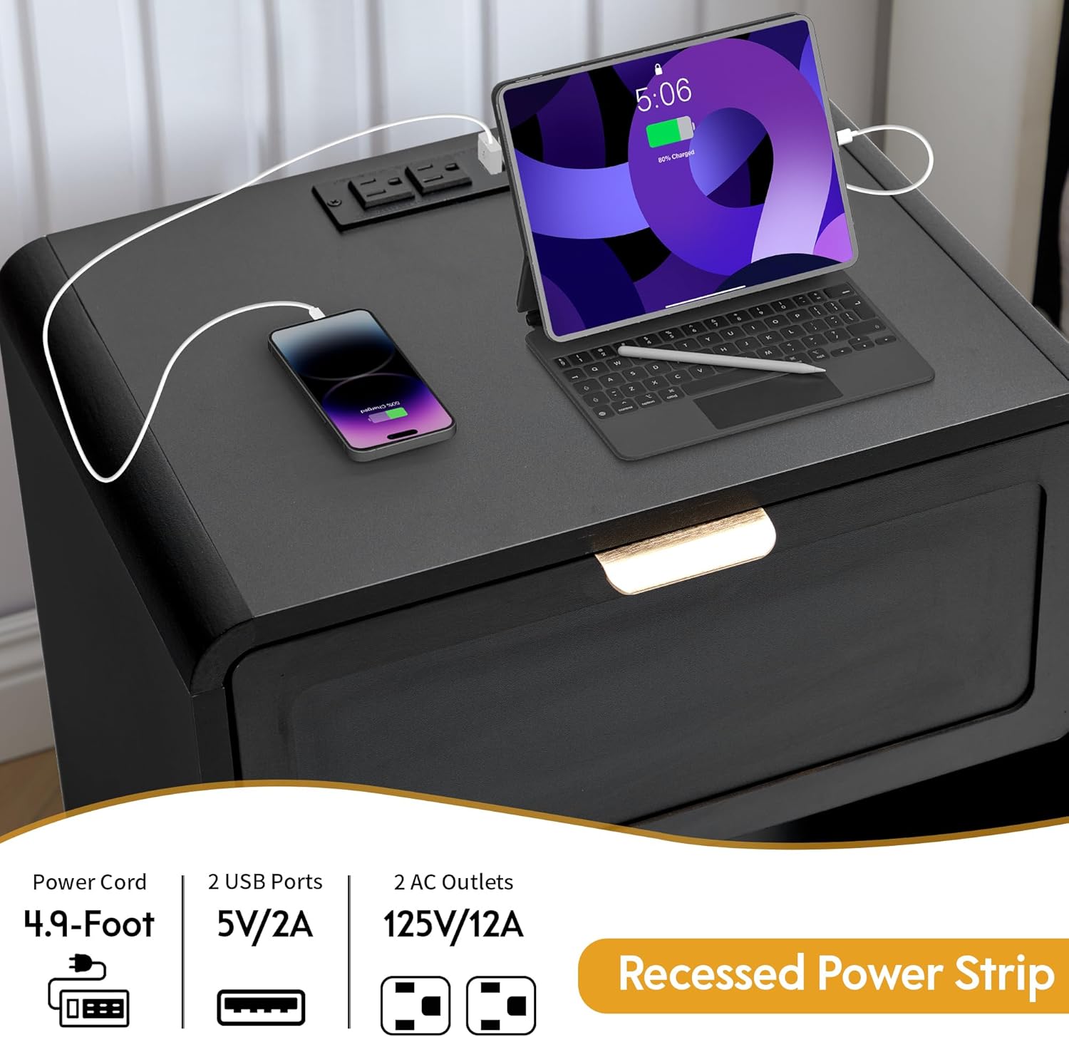 Close-up of the nightstand's top surface showing a phone and tablet charging via the integrated power strip with USB ports and AC outlets.