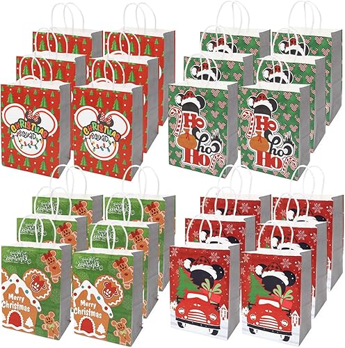 ORNACELE Bolsas de regalo de Navidad, 24 unidades de estilos surtidos, bolsas de papel kraft pequeñas de Navidad con asas, bolsas de regalos de