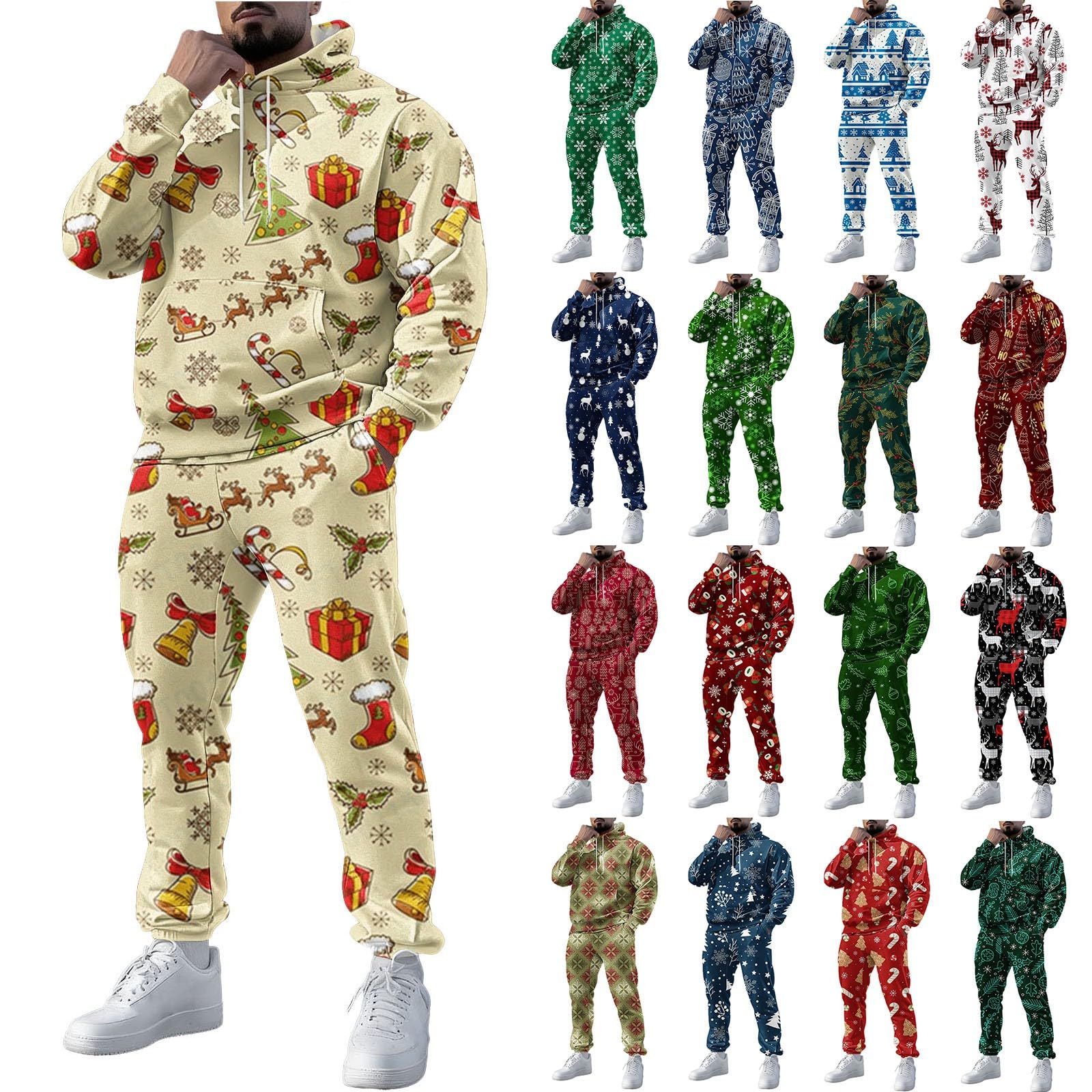 2 pezzi costumi di Natale da uomo divertente renna albero di Natale tuta oversize tuta natalizia a maniche lunghe con cappuccio e pantaloni della tuta set da jogging abbigliamento sportivo vacanze