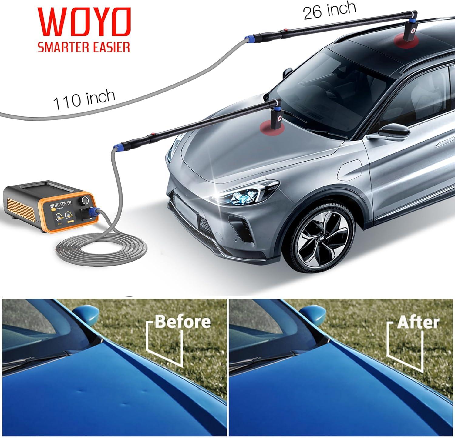 WOYO PDR007 in use on a car with before and after dent repair