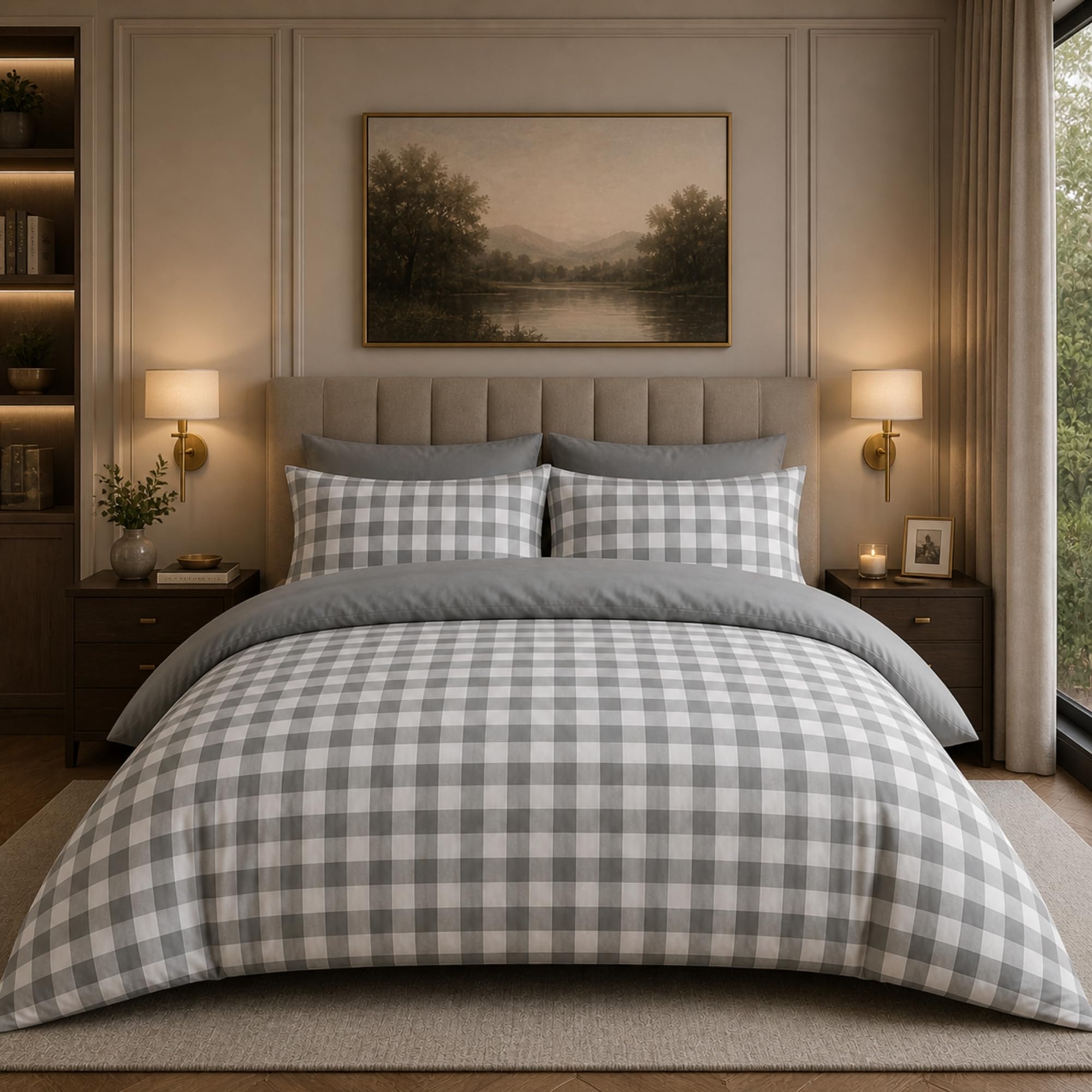 Dolce Vari Gingham Moor Check Microfibre Duvet Cover Set – Reversible Checked Quilt Cover with Matching Pillowcases – Soft, Lightweight Bedding Set – Easy-Care & Durable (GREY, Double)