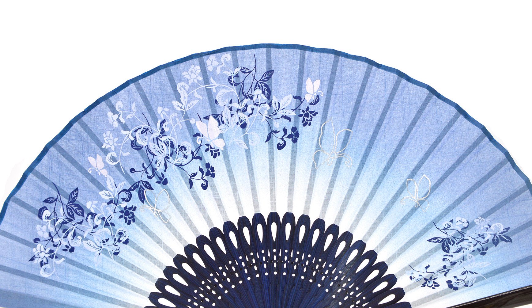 Ventaglio in seta e bambù, con farfalle e fiori, sacchetto in seta e confezione regalo, Blue