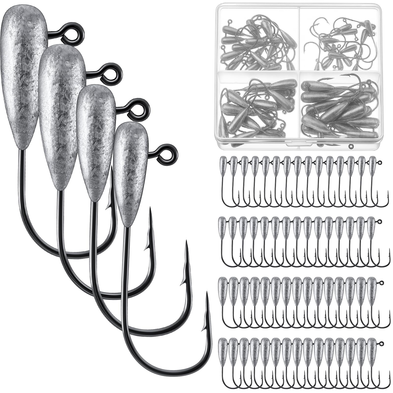 Poen 60 Pcs Tube Jig Heads for Bass Fishing Tube Bait Hooks 1/8 1/16 1/32 3/16 oz Weedless Sharp Lure Jig with Storage Box for Crappie Lures Trout Freshwater Saltwater