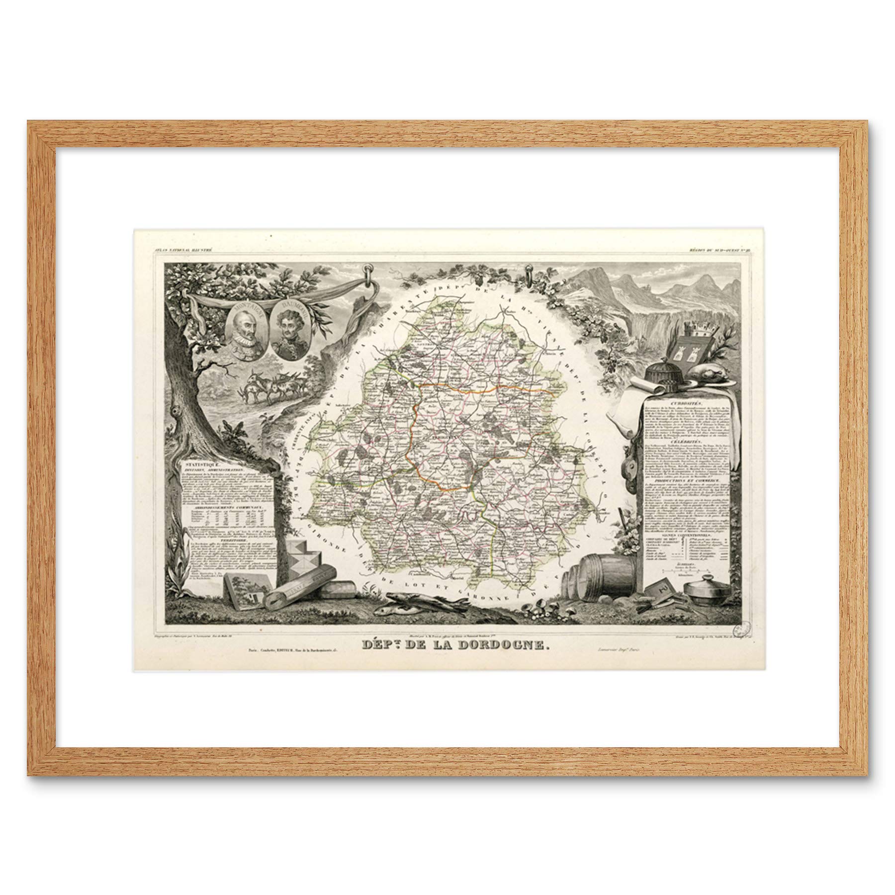 Wee Blue Coo Map Old France Levasseur Dordogne Department Framed Wall Art Print