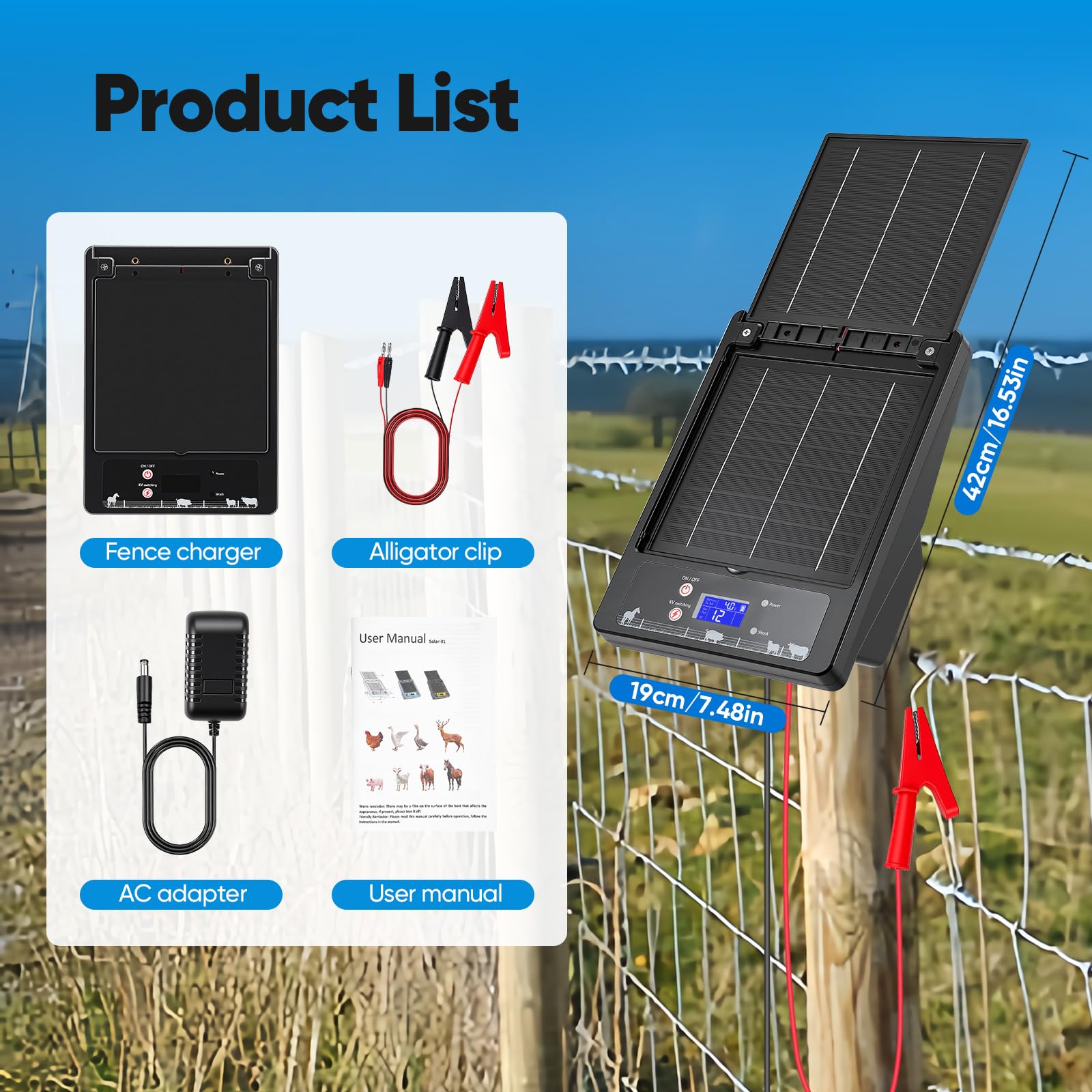Pastor Eléctrico Solar con Panel Solar Plegable Dual, 16 KM de Alcance, 0,3-2J, 6KV-12KV Ajustable, Batería de Litio 18000mAh, IP55, Electrificador para Aves de Corral, Ganado