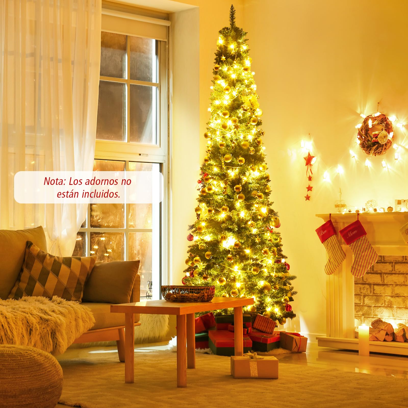 GYMAX Árbol de Navidad Slim 150/180/210/240/270 cm, Estrecho y Alto, con 220/400/700/1000/1500 Ramas de PVC ignífugo, Árbol Artificial con Soporte de Metal, para el Hogar, Tienda, Oficina (270cm)