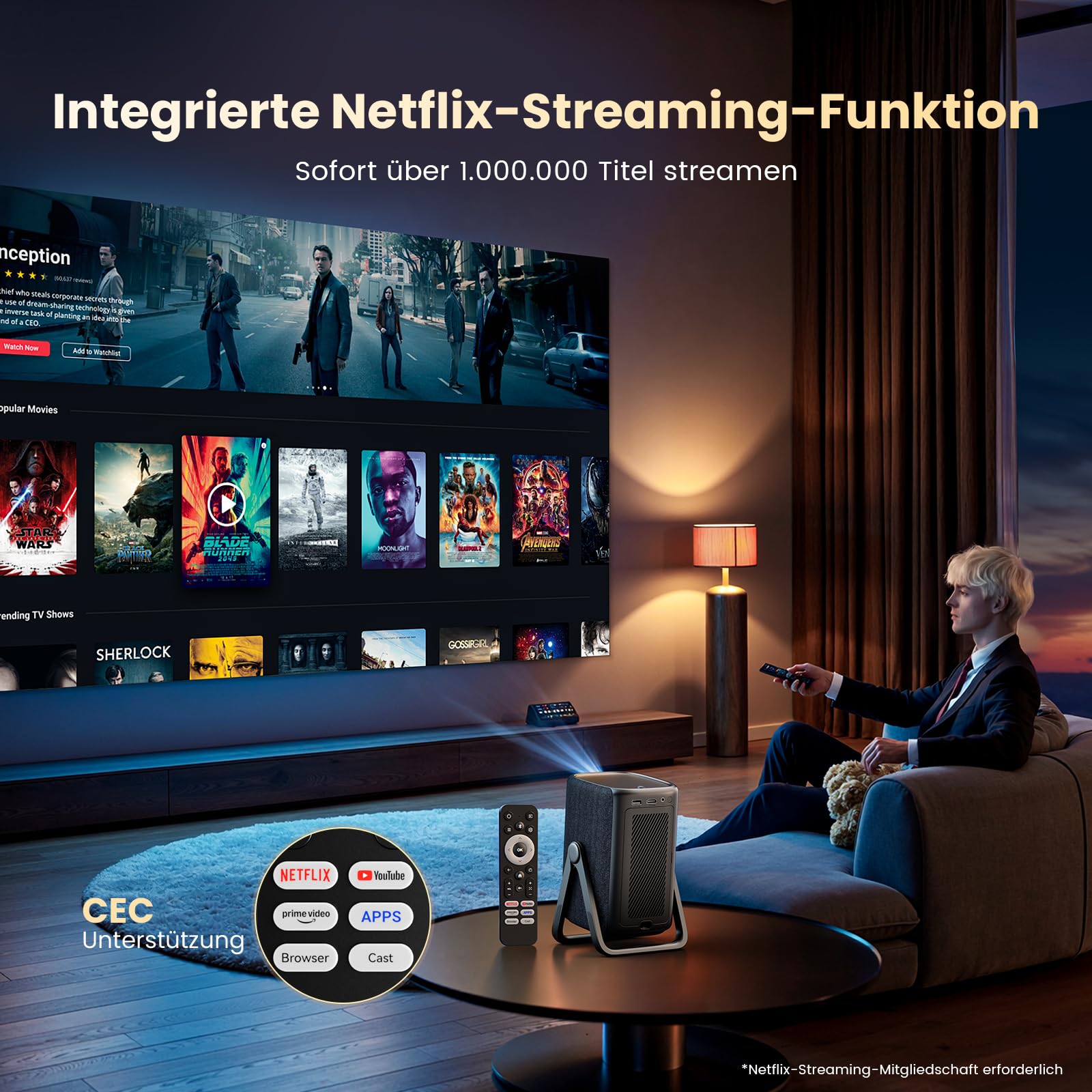 4K Smart Beamer | KOGATA Kurzdistanz 1.1:1, tragbar | Kompatibel mit Netflix-App | Dolby Audio & DTS | Autofokus & 6D Keystone | HDR10+, WiFi 6 & Bluetooth 5.4 | Heimkino, Outdoor & Garten Projektor