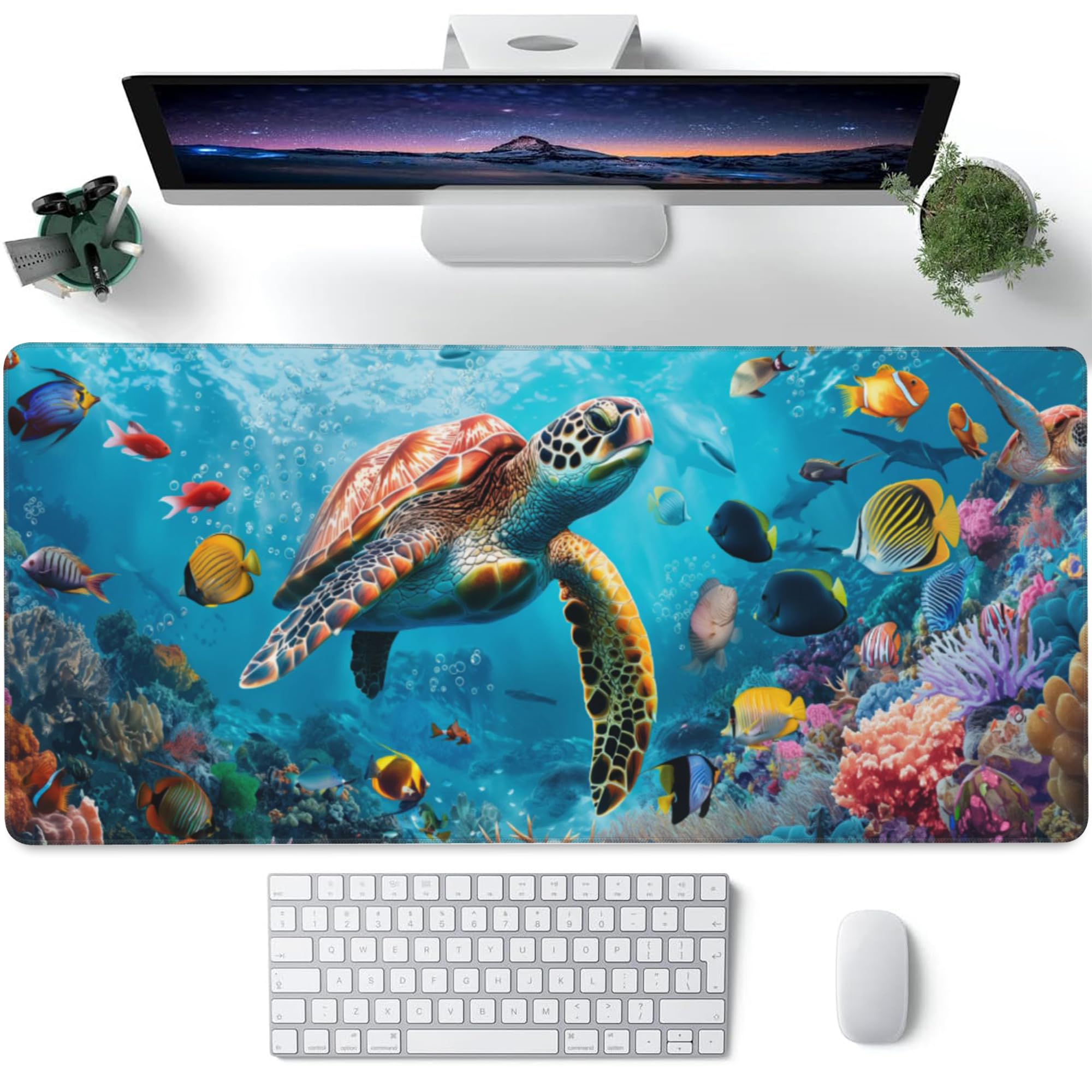 XXL Mouse Pad,Sea Turtle with Colorful Fish Large Gaming Mouse Pad,The Underwater World Desk Mat,Extended Big Computer Keyboard Desk Pad with Non-Slip