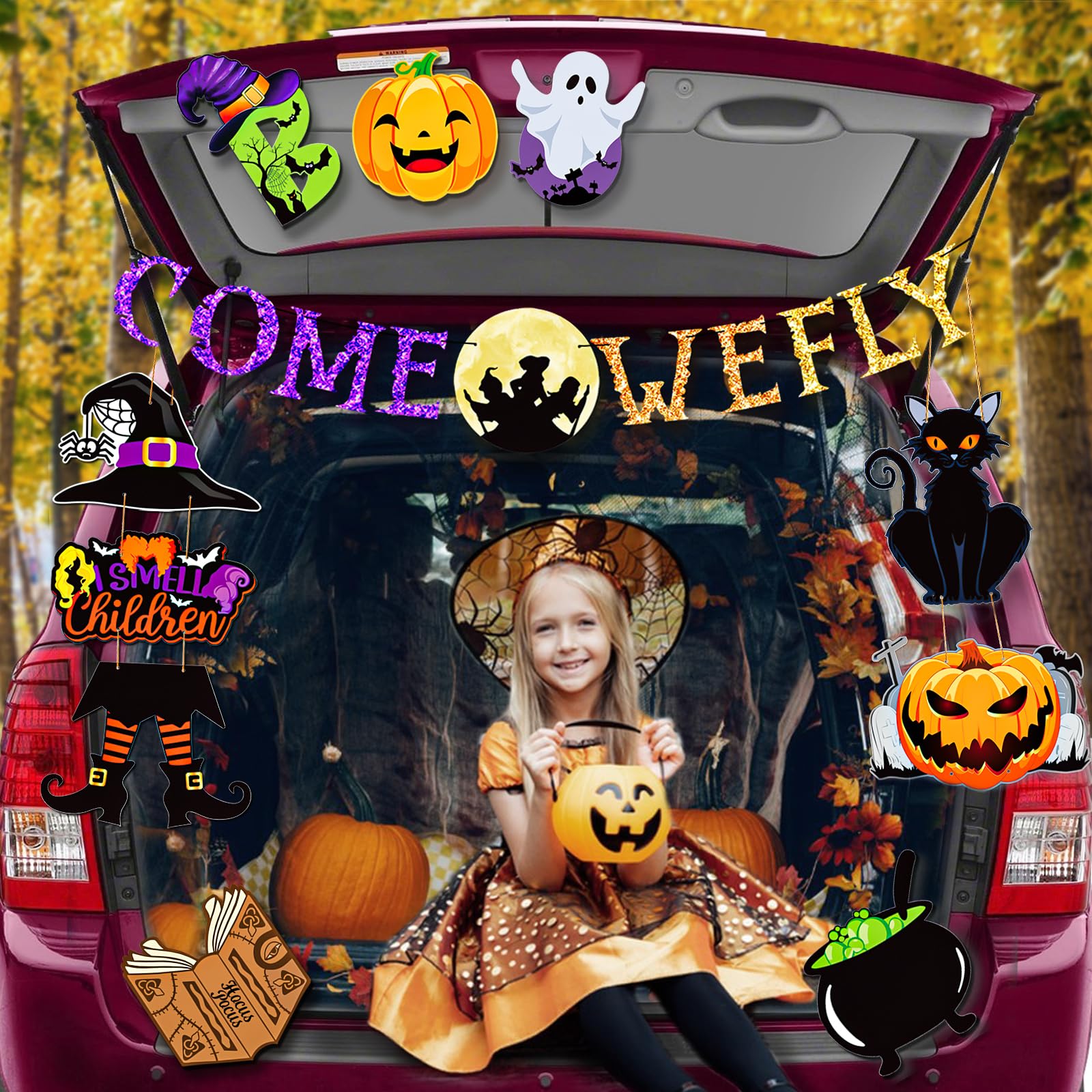 Halloween Trunk Or Treat Witch Decor Kit - Car Garage Door Arch With Glitter Banner & Accessories