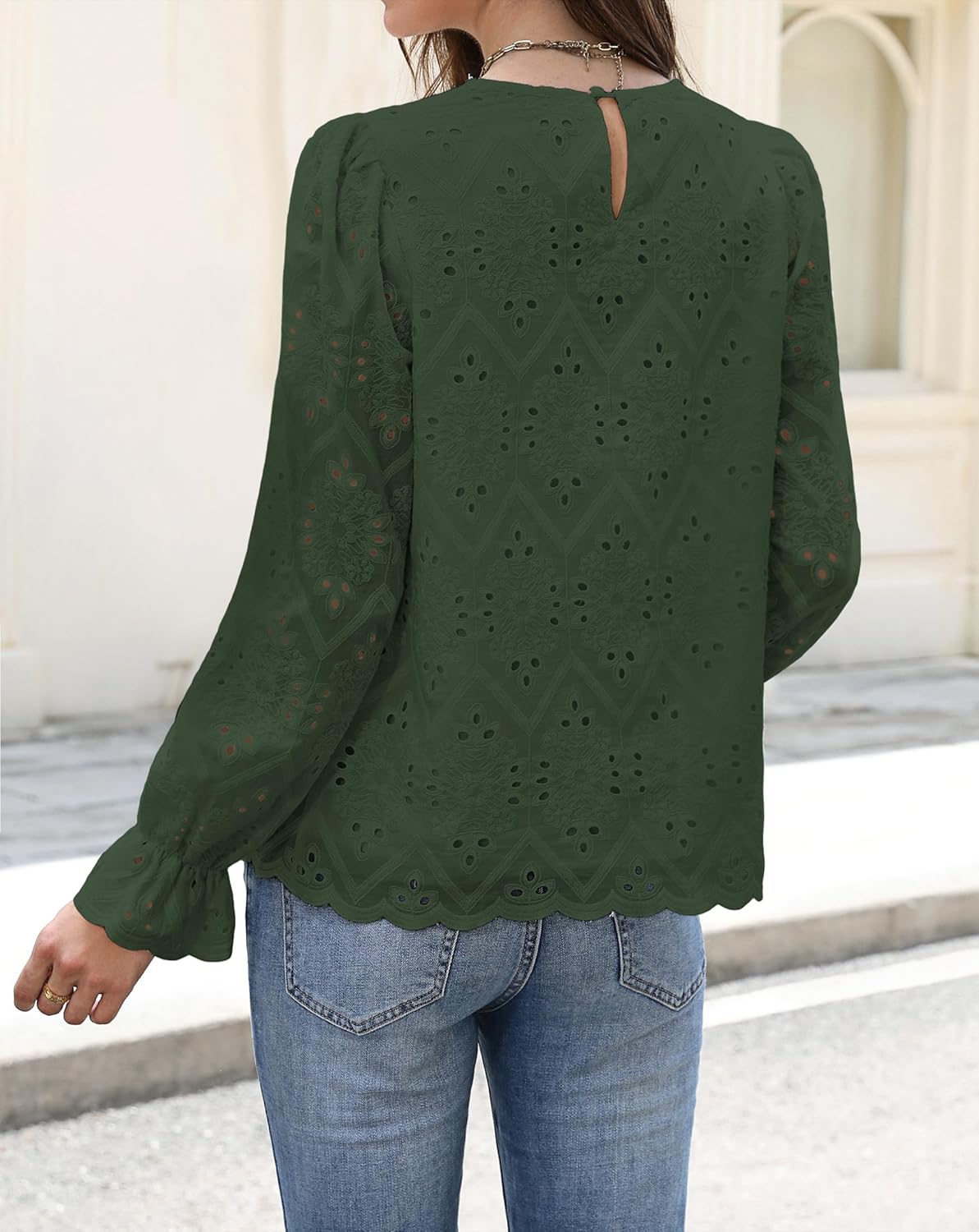 Womens Eyelet Tops Dressy Casual Long Sleeve Pleated Blouses 2025 Trendy Fall Crewneck Embroidered Lace Shirts - Image 4