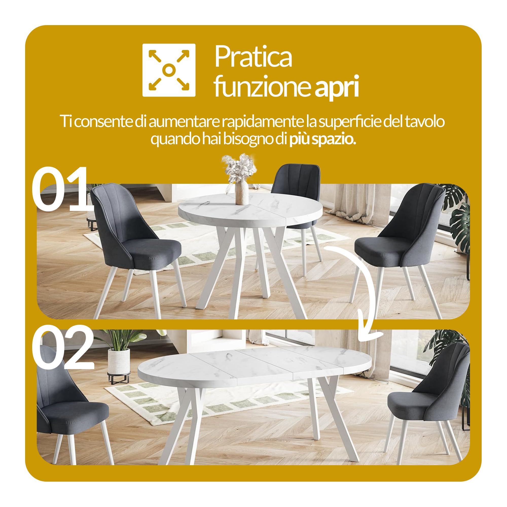 Tavolo da Pranzo Tavolo Rotondo Allungabile - Tavolo Sala da Pranzo Allungabile e Cucina - Piano in laminato da 36 mm - Gambe Solide - Diametro da 90 cm - Marmo - Collezione Ovo