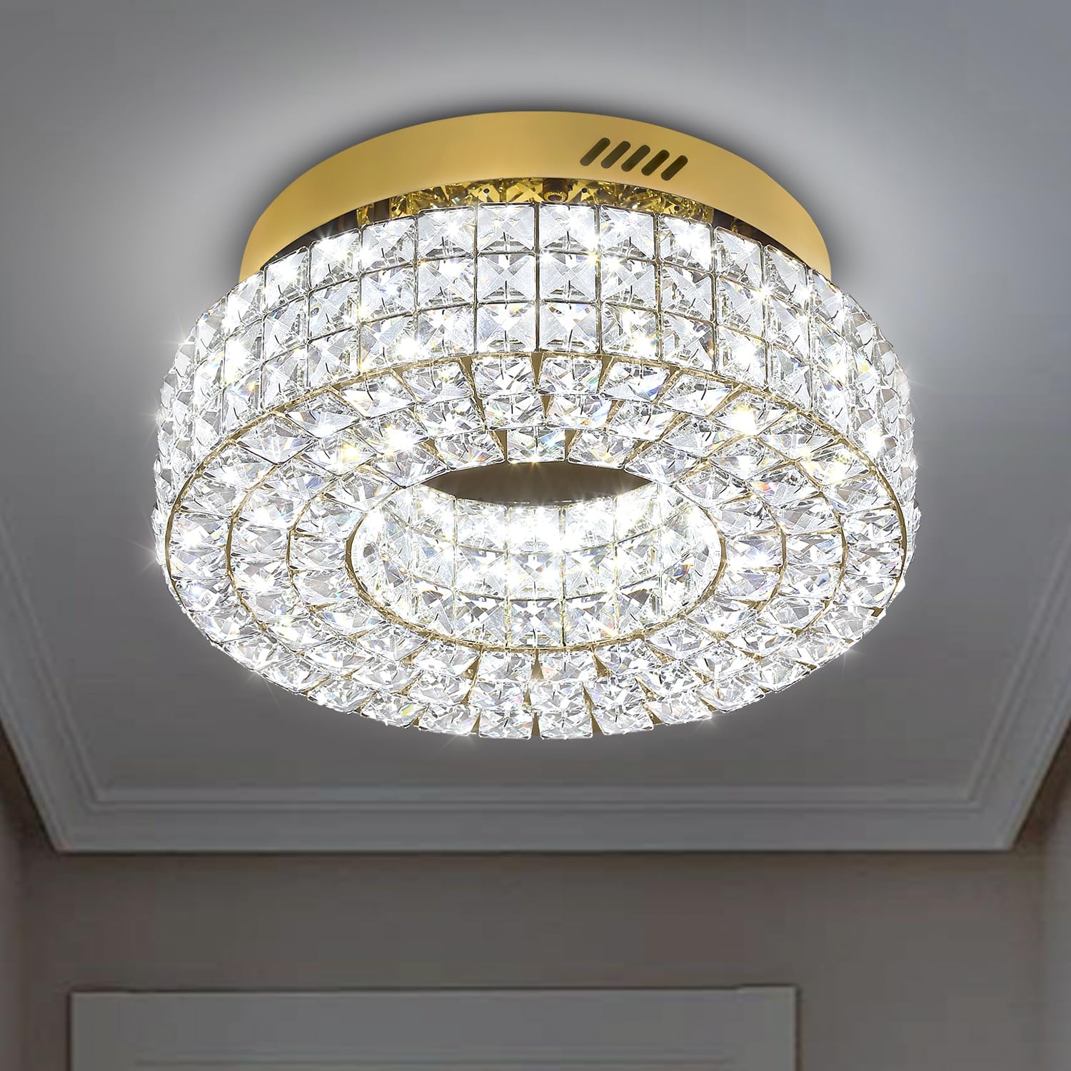 ykolupty 16" Crystal Chandeliers,Round Chandelier for Living Room Modern Crystal Ceiling Light Fixture for Foyer Bedrooms Dining Room Hallway Gold