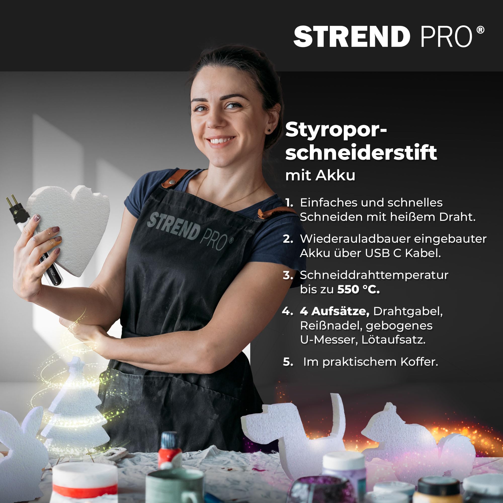 STREND PRO Styroporschneider heißdrahtschneider AKKU | 4-in1 Heißer Draht Styroporschneider 550°C für DIY-projekte | plastik koffer, USB-C, 10m Draht, messer adapters | Styropor schneider