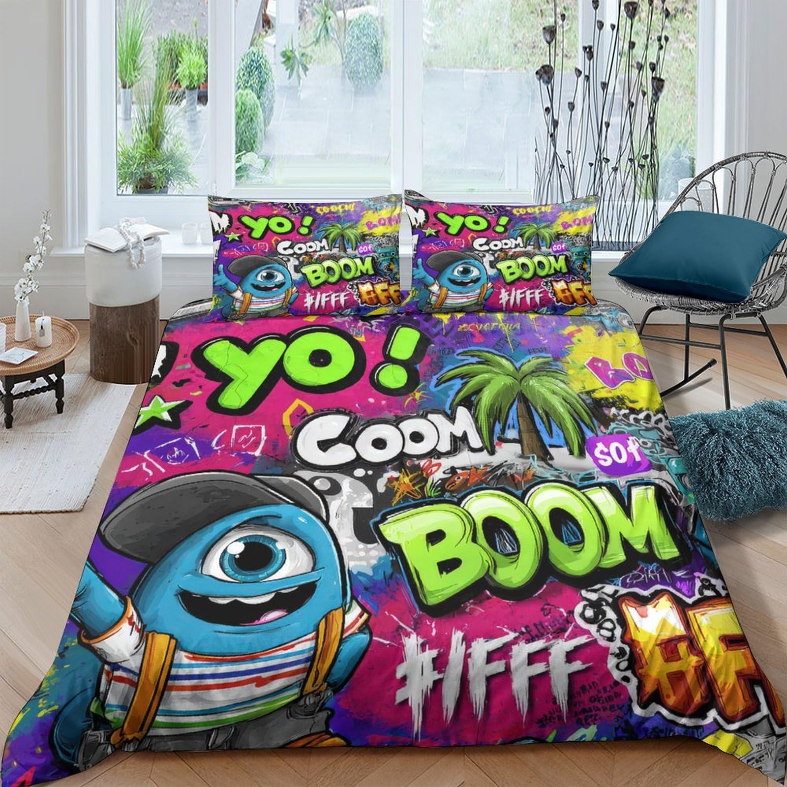 Ctjqhvkz Style-9 3D Printed Graffiti Art Fitted Sheet Microfiber Soft Colorful Cartoon Street Style Mattress Cover For Bedroom Dorm Decor Single（135X200cm）