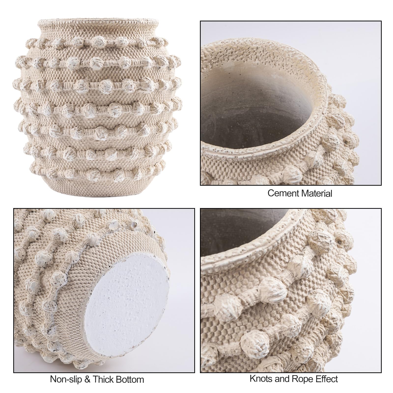 DN DECONATION Vaso da fiori in cemento beige con nodi, rustico, per erba della pampa e fiori secchi, decorazione per la casa in stile bohémien, per soggiorno, tavolino da caffè, mensola e bagno