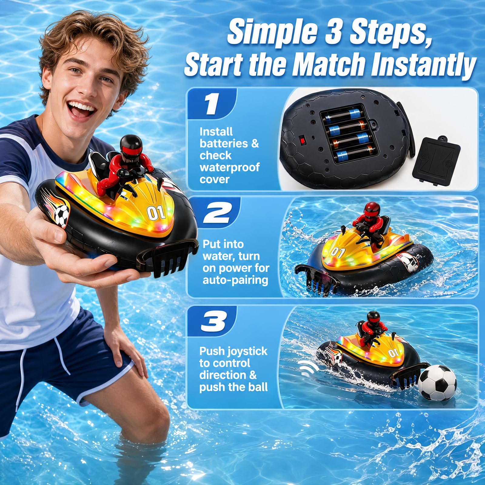 Barca radiocomandata con luce LED, 2,4 GHz, barca a motore telecomandata con pallone da calcio e acqua spruzzata, adatta per piscine e laghi, barca radiocomandata, giocattolo per bambini