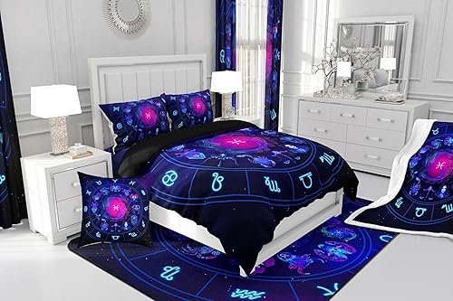 Miniatura 4 de Piscis - Juego de funda de edredón tamaño Queen con patrón de constelación 3D, funda de edredón de galaxia morada para niños, jóvenes, niñas, Multi