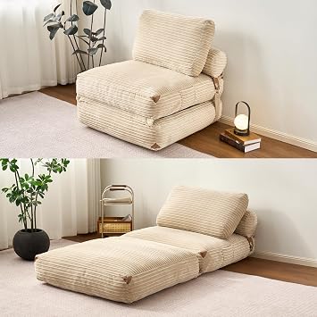 Folding Sofa Bed,Comfy Sleeper Chair Foldable Mattress with Pillow & Back Support,Portable Fold Out Chair Bed Floor Convertible Lounge Sofa Couch for Living Room Bedroom Beige