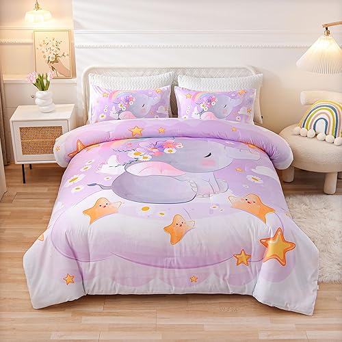 Btargot Juego de edredón ligero y suave de 3 piezas de elefante con 2 fundas de almohada, juego de ropa de cama de dibujos animados arco iris,