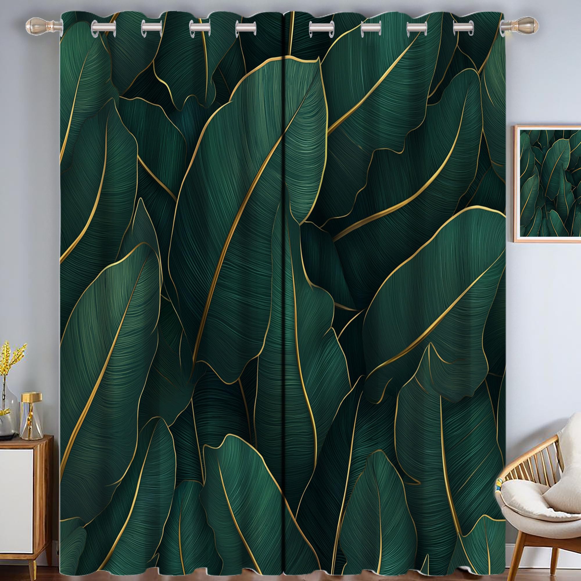 Rideau Opaque pour Chambre et Salon Style Art Déco Imprimé Botanique Or et Émeraude