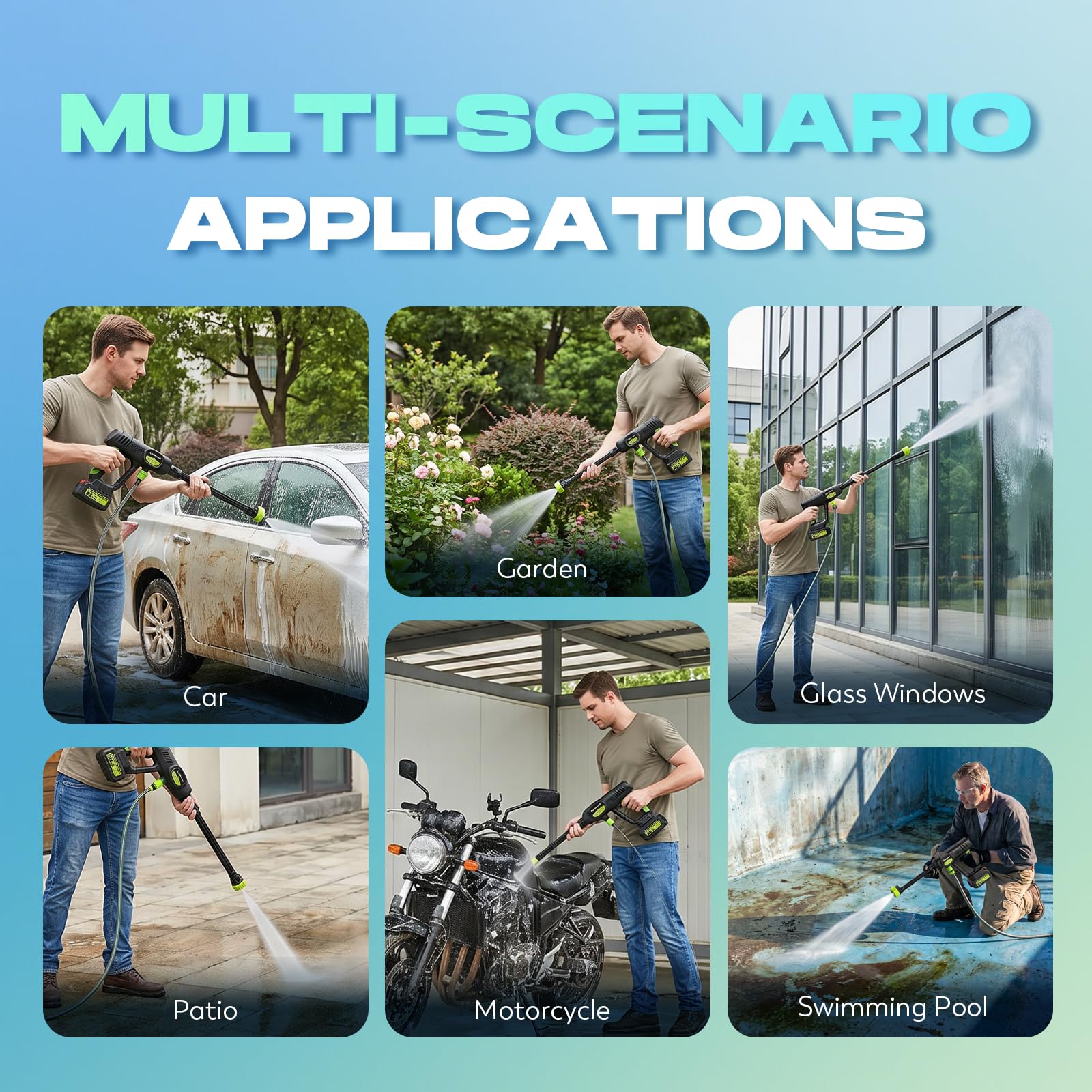 CGOLDENWALL Hidrolimpiadora a Batería, 3 Niveles, 2 Baterías 3.0Ah | Alta Presion, 23-28 Bar, Motor sin Escobillas, Boquilla 6 en 1, Manguera 5m, 3 Modos de Alimentación, para Coche/Jardín