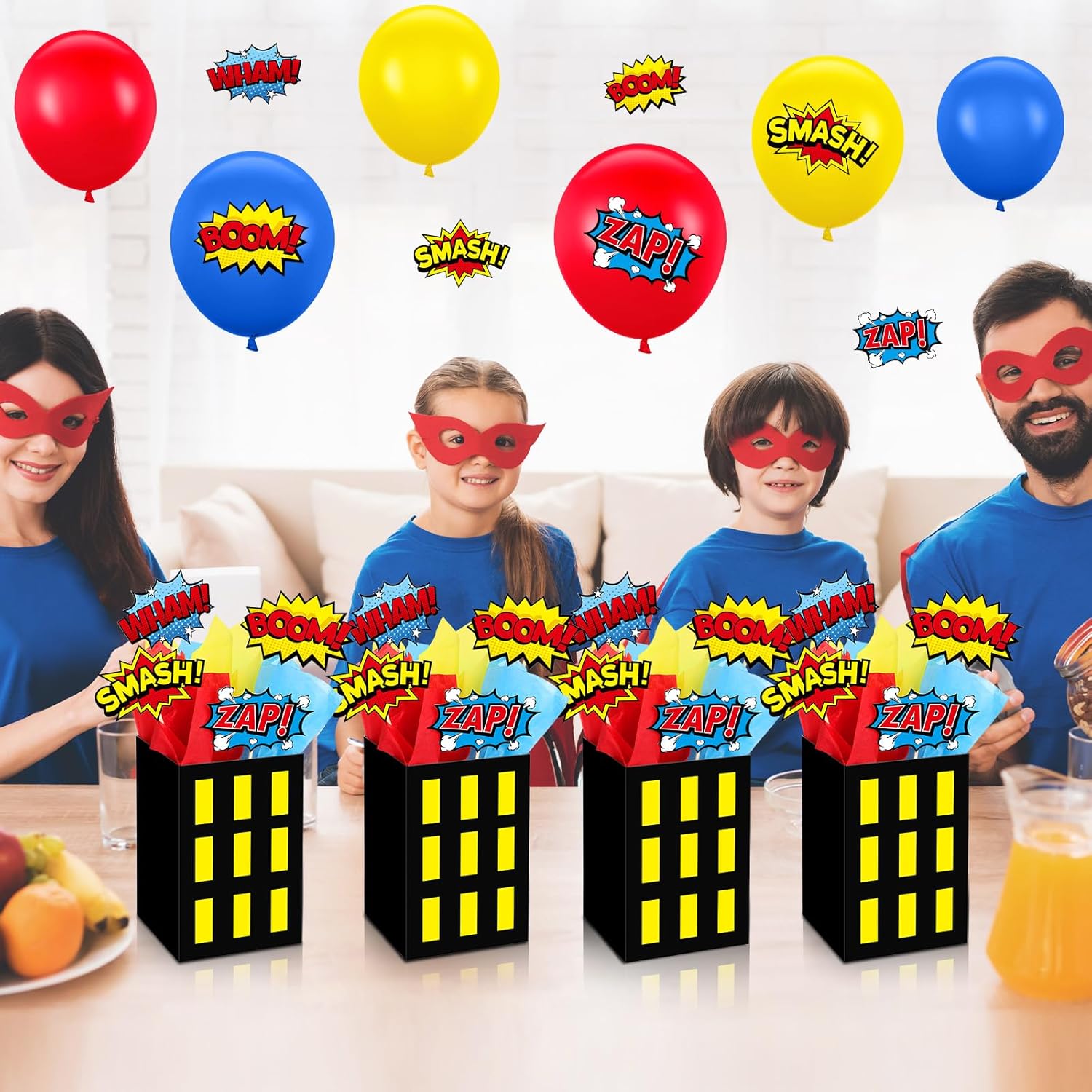 12 Sets Hero Theme Party Decoration Hero Boxes Centerpiece (7.9 x 5.1 x 5.1 Inch) Sticks with Tissue Paper Standing Cards Birthday Baby Shower Party Supplies (Red,Yellow,Blue)