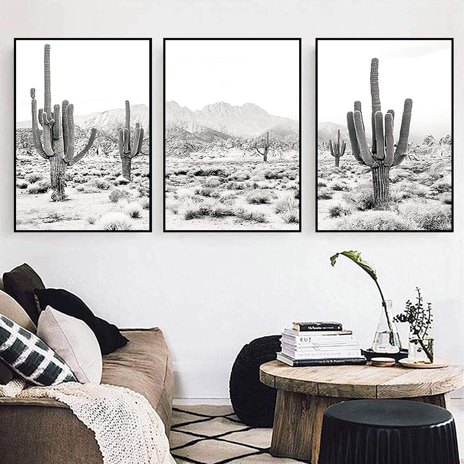 Desert Landscape Canvas Wall Art Black and White Desert Poster Prints Desert Photography Wall Art Saguaro Cactus Art Sonoran Desert Painting Cactus Pictures Wall Decor for Home 16x24inchx3 Unframed