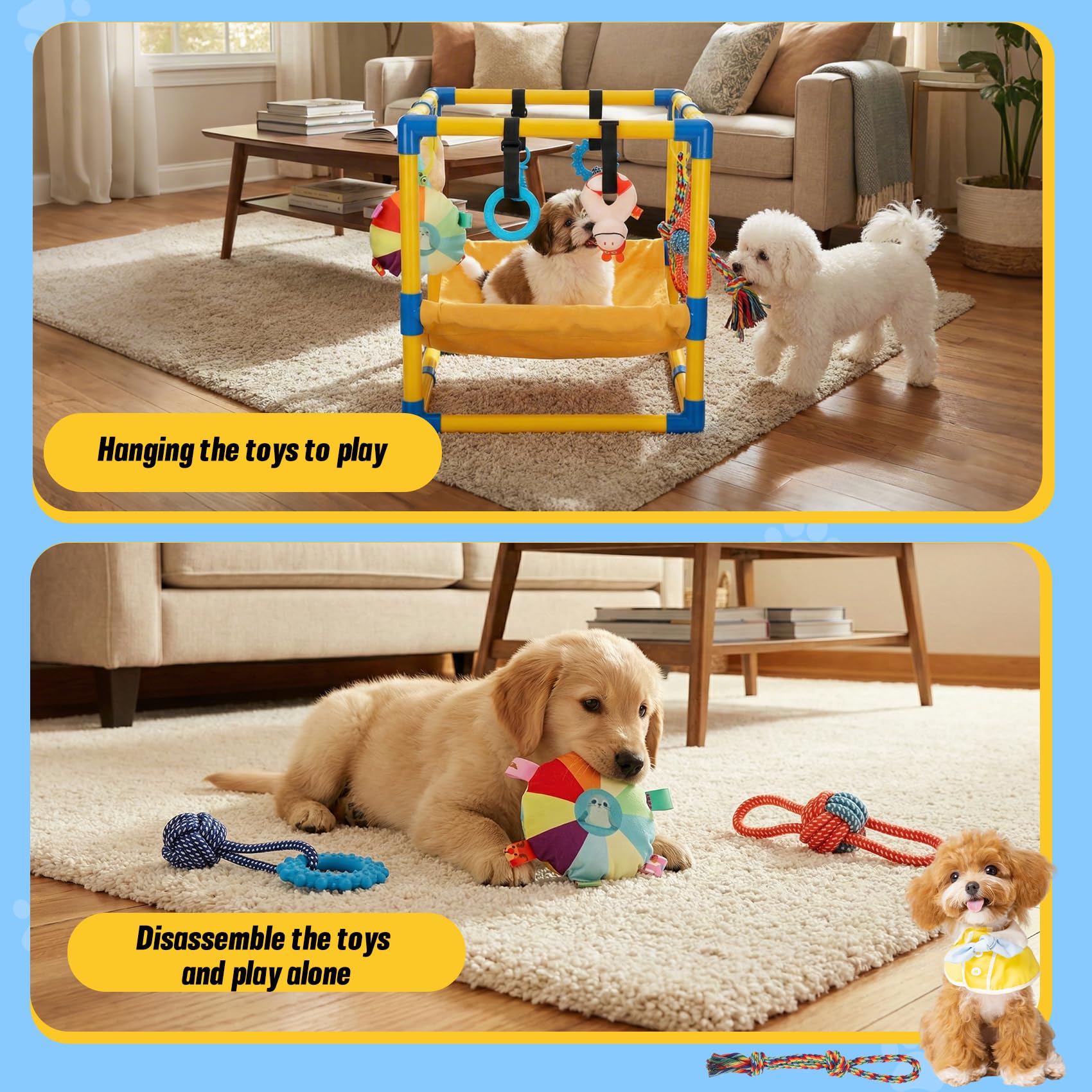 Gymnase de Jeu pour Chiot avec 8 Jouets Suspendus, Salle de Sport d'intérieur avec hamac et Jouets d'enrichissement Amusants, Cadre en PVC, Centre d'activités pour Chiots