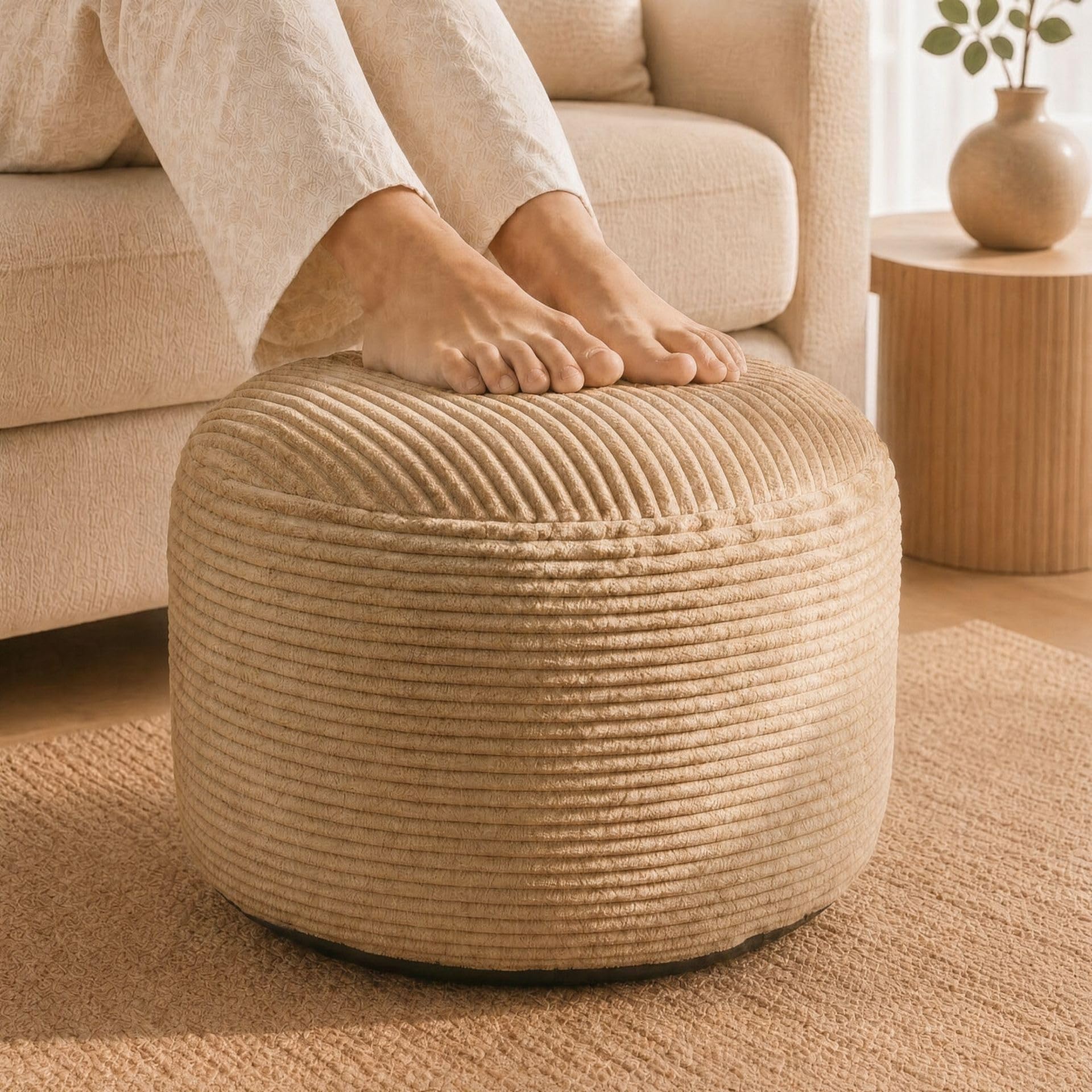Stuffed Pouf Ottoman,Corduroy Foot Rest,Light Camel,20 Inch