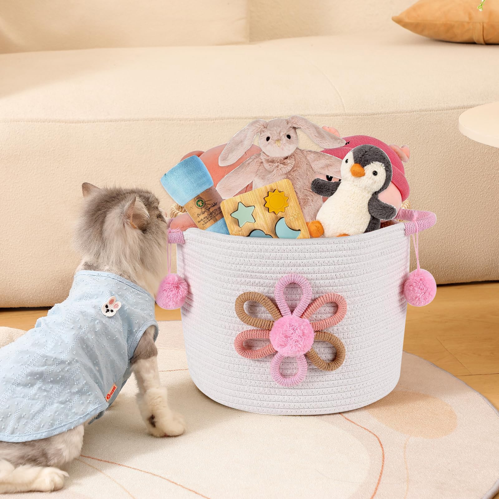 Toy Storage Baskets Woven Cotton Rope Storage Basket with 3D Flower for Kid Multifunctional Blanket Baskets for Living Room Toys Organizer Woven Basket with Handle for Gifts Girls Baby Hamper Nursery - Image 3