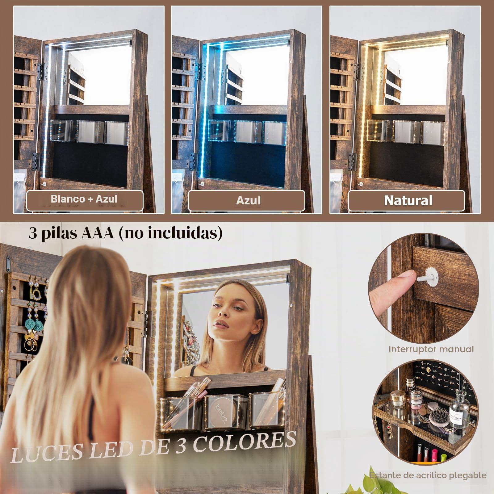 HOMASIS Joyero 3 en 1 giratorio 360°, espejo para joyas con cerradura, organizador de maquillaje para joyas, con espejo de cuerpo entero y luces LED, estantes en la parte trasera (Industrial)