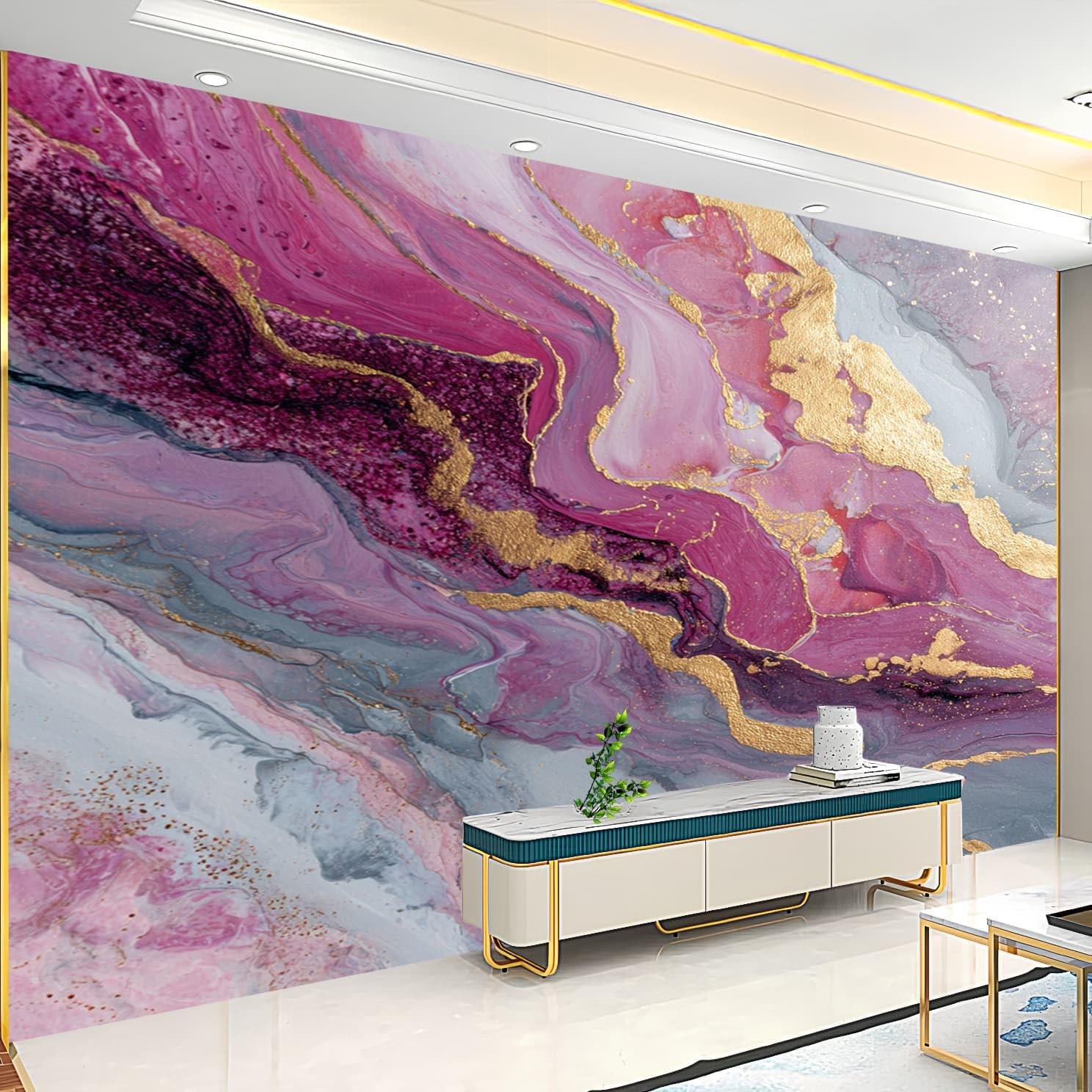 Tapeta z efektem panoramicznym 3D fototapeta 250 x 175 cm, plakat z włókniny olbrzymie złote linie płyn mural salon pokój dziecięcy restauracja dekoracja ścienna, różowy fioletowy