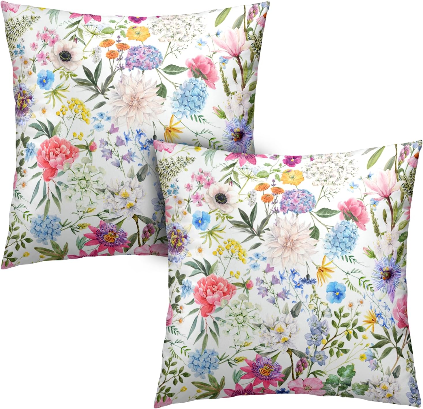 Summer Flower Throw Pillow Covers Watercolor Yellow Pink Blue Green Flowers Floral Leaf Print Pillowcase 18x18 Inch Girly Boho Linen Seasonal Farmhouse Decorations Cushion Cover Set of 2 Watercolor Flower Pillowcase 18" x 18" (Pack of 2)