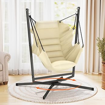 Hanging Chair with Frame Outdoor & Indoor Hanging Swing Hanging Chair 360  Rotation Hanging Chair with Frame & Cushion 180 kg Load Capacity for Living Room Bedroom Garden Balcony Patio Beige