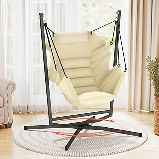 Hängesessel mit Gestell, Outdoor & Indoor Hängeschaukel, Hängestuhl 360° Drehung Hängesessel mit Gestell & Kissen, 180kg Traglast, für Wohnzimmer- Schlafzimmer, Garten Balkon Terrasse (Beige)