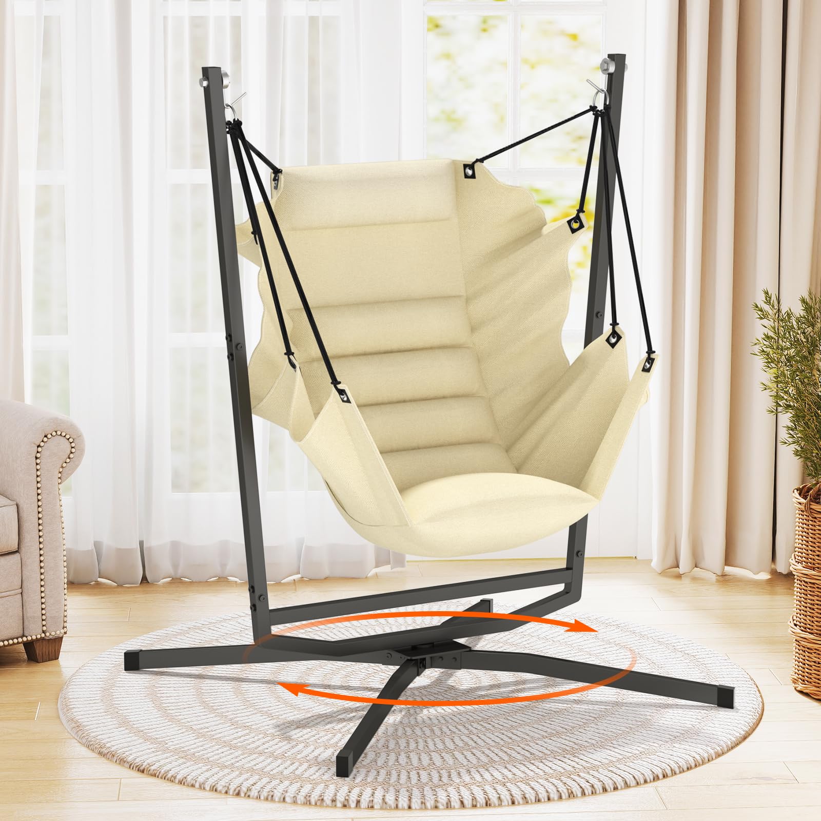 Hängesessel mit Gestell, Outdoor & Indoor Hängeschaukel, Hängestuhl 360° Drehung Hängesessel mit Gestell & Kissen, 180kg Traglast, für Wohnzimmer- Schlafzimmer, Garten Balkon Terrasse (Beige)