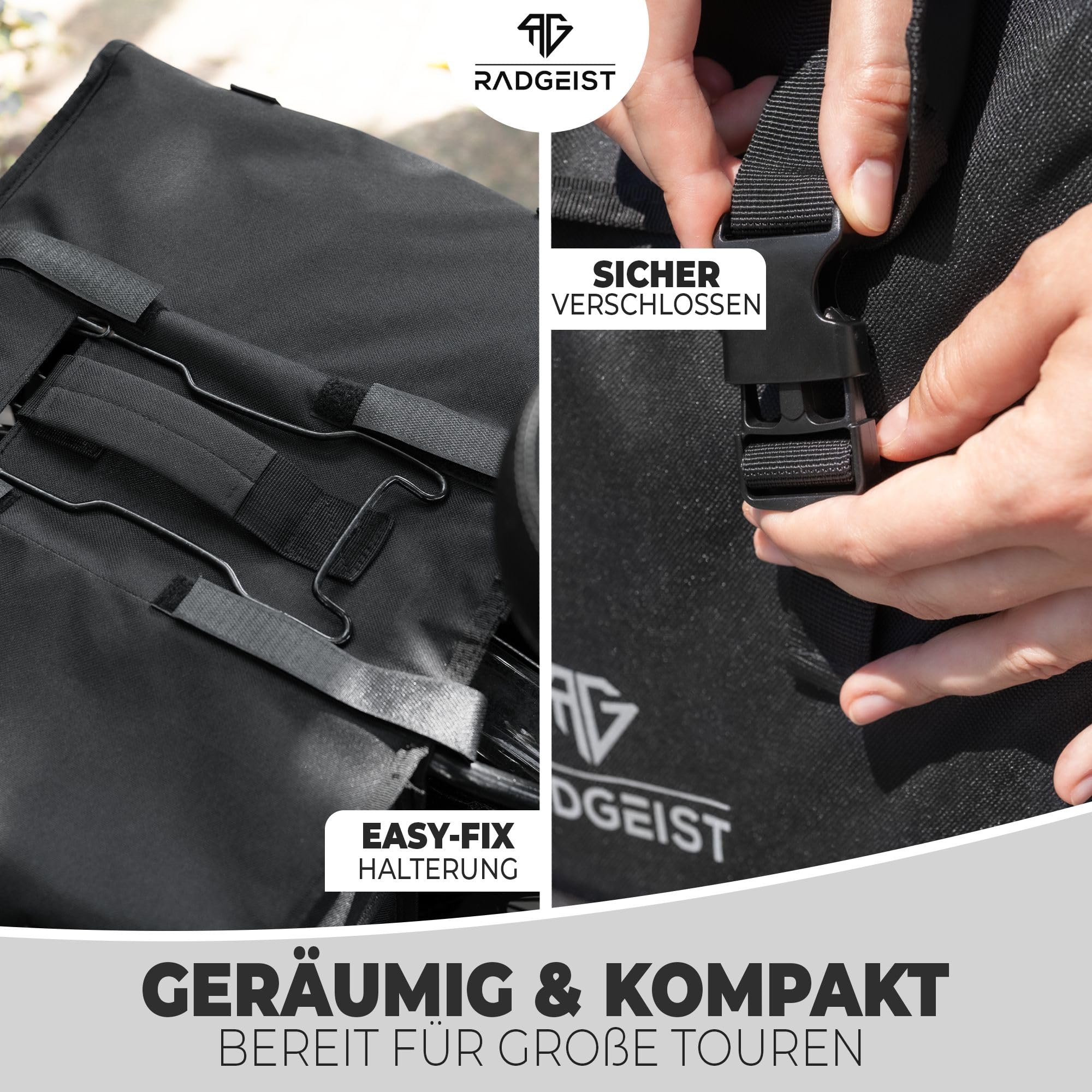 RADGEIST Gepäckträgertasche doppelt I Doppeltasche für Gepäckträger 27L I Einfache Befestigung, Fahrradtasche doppelt Gepäckträger schwarz - Fahrrad Packtasche