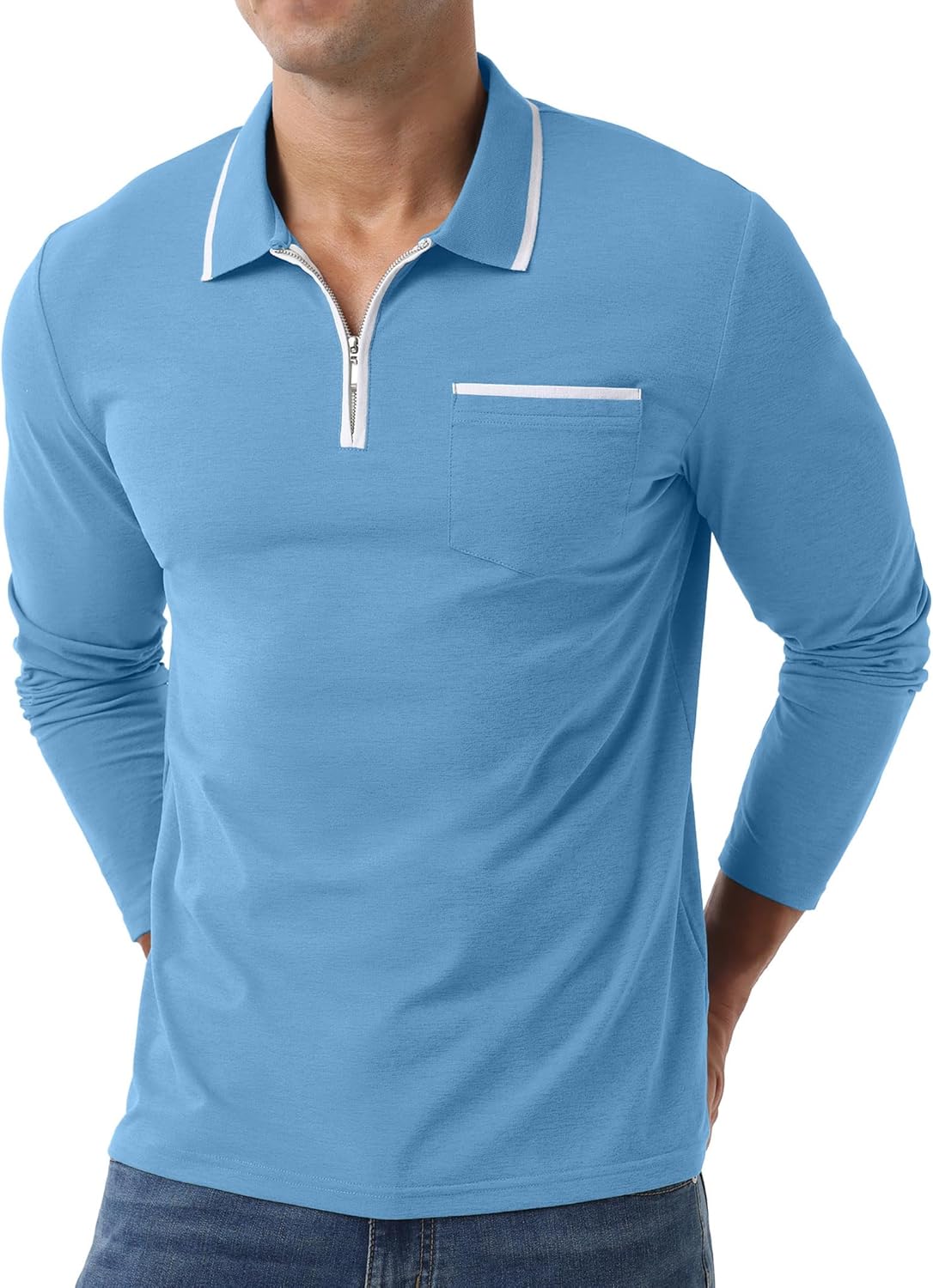 Askdeer Men's Polo Shirts Zip Long Sleeve Classic T-Shirts Casual Golf Shirts Stylish Collared Tee - Image 2