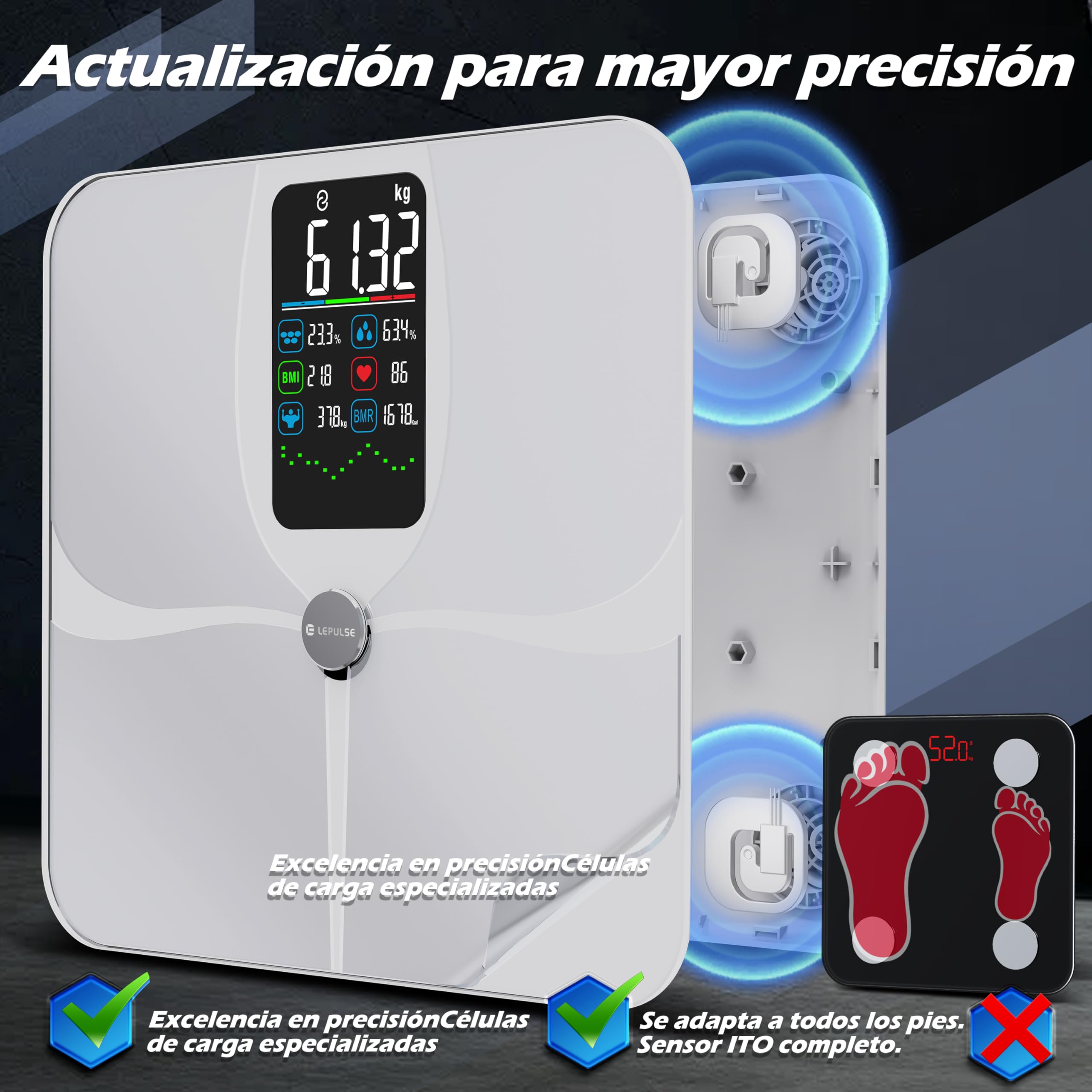 Lepulse Bascula Grasa Corporal y Muscular, Bascula de Baño Inteligente con Pantalla Grande, Bioimpedancia Bascula Inteligente con 22 Mediciónes, Balanza Peso Corporal Masa Muscular IMC con App