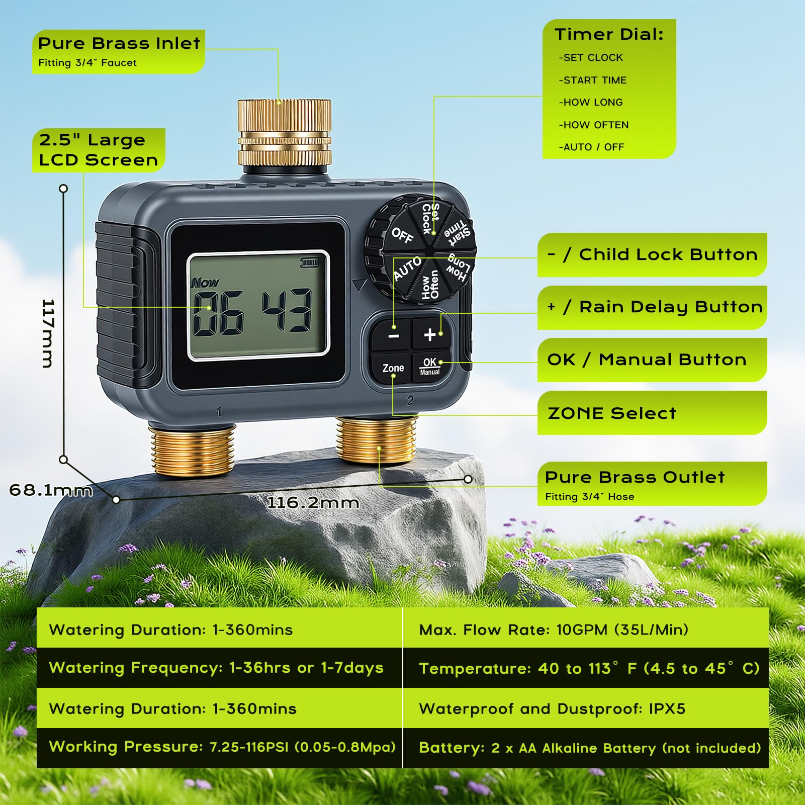 Programmateur Arrosage 2 Voies IPX5 Étanche Minuteur Arrosage Automatique avec Entrée et Sortie en Laiton, Retard de Pluie, Arrosage Automatique et Manuel, Minuterie d'irrigation pour Jardin Pelouse